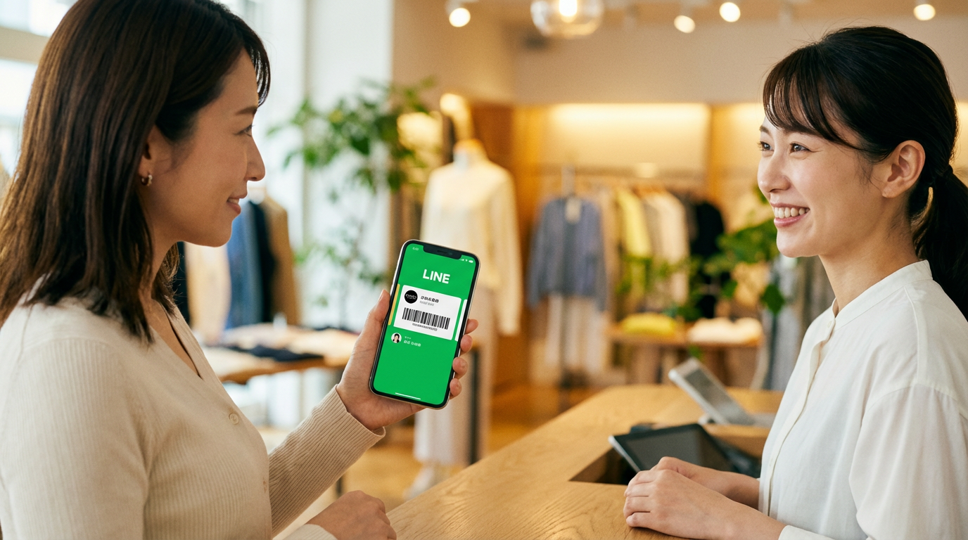 アパレル店舗でLINEミニアプリの会員証を提示するお客様